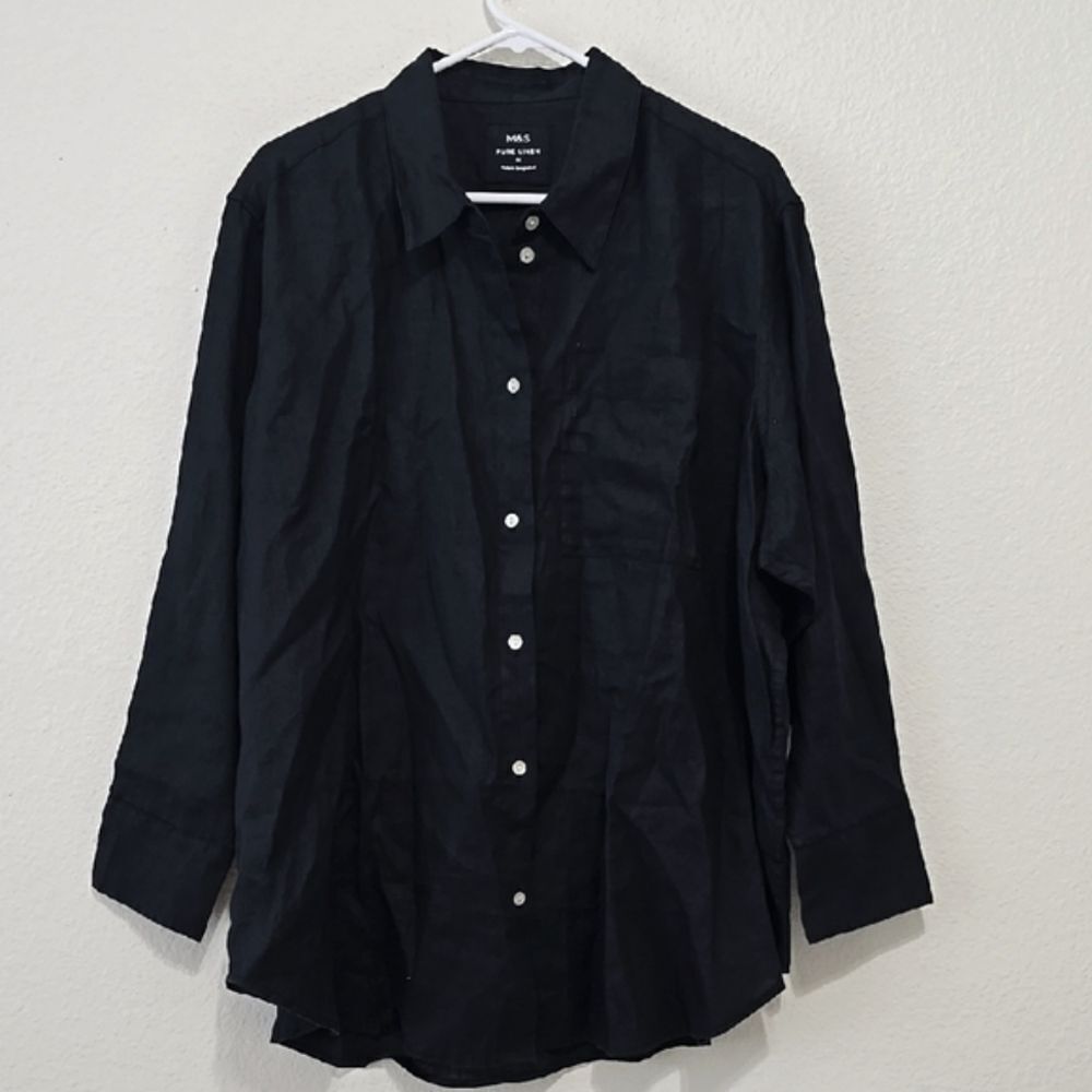 M&S PURE LINEN Black Lightweight Casual Button Down Shirt SIZE 20